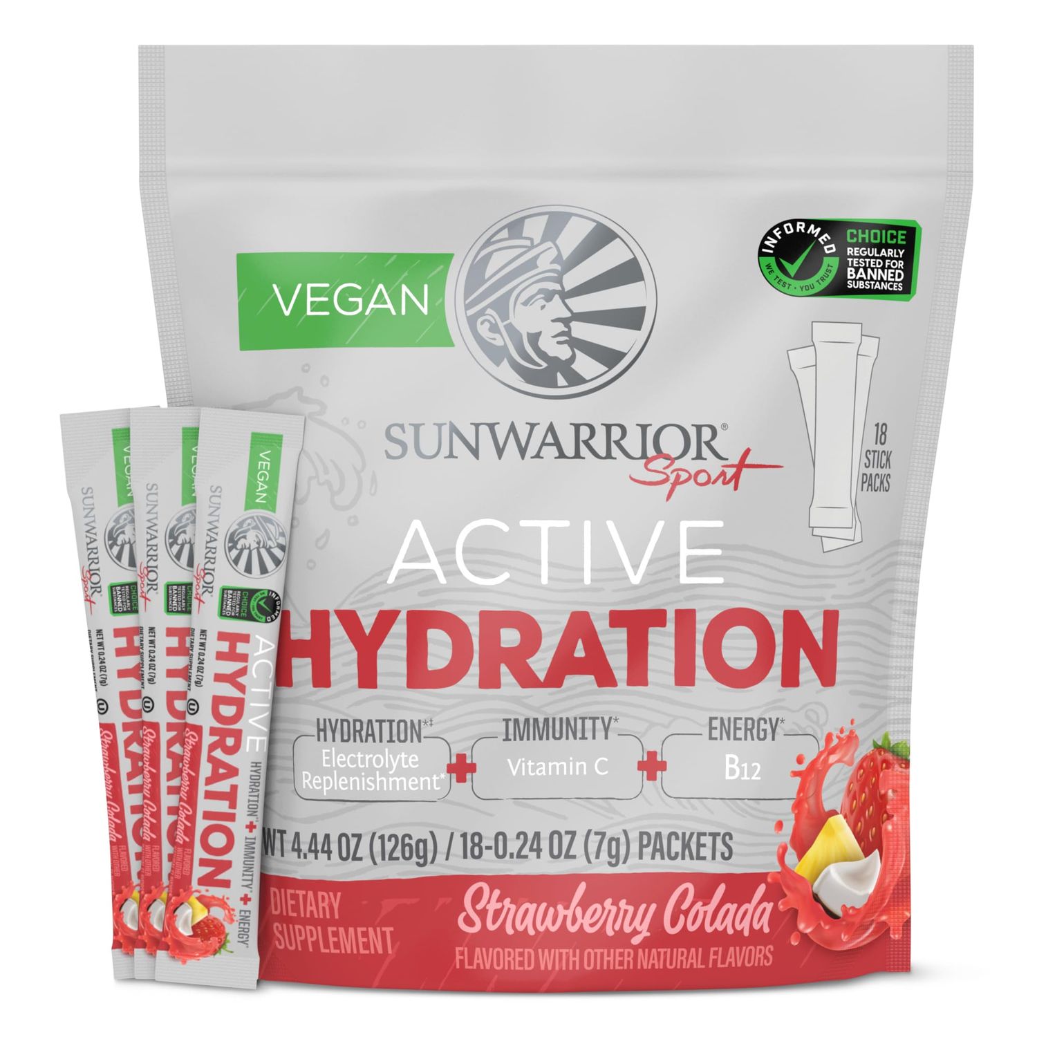 Sunwarrior Hydration Powder Electrolyte Packets Powder Strawberry Colada Flavored 18 Stick Packs 126g Pouch Vegan and Plant-Based Sugar Free B12 Elderberry and Electrolytes Active Hydration