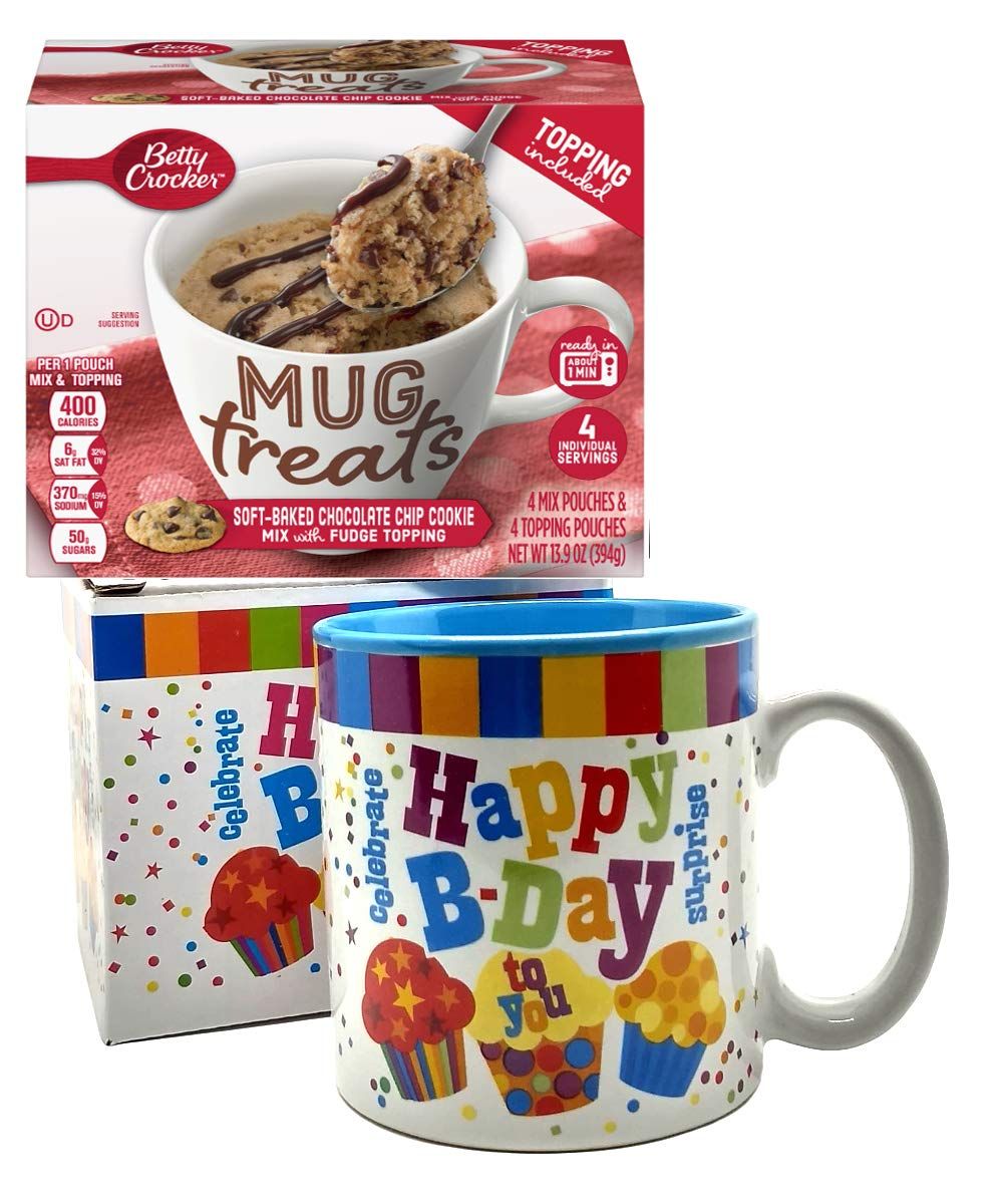 Happy Birthday Mug In Gift Box with 4 Mug Cake Mix Pouches Bundle Chocolate Chip Cookie