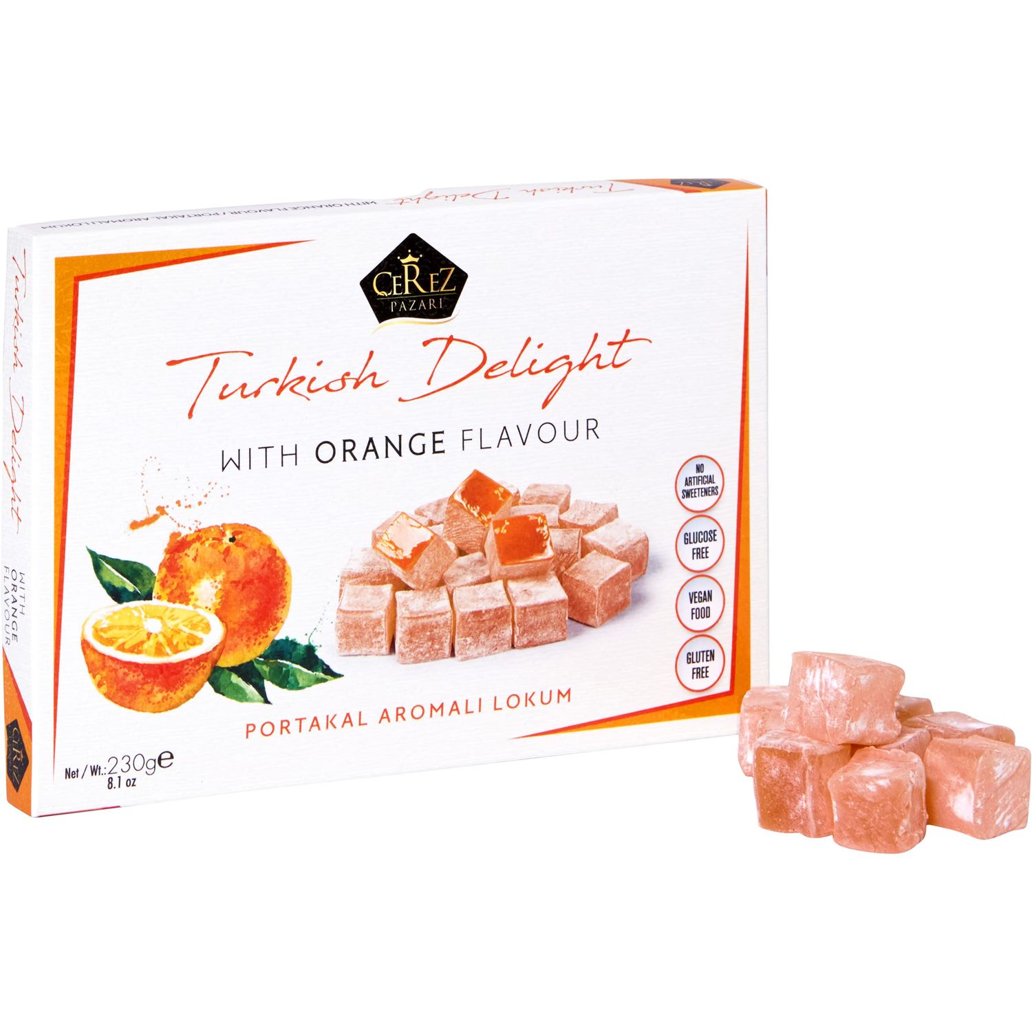 Cerez Pazari Turkish Delight Orange Flavor, Gourmet Small Size Snacks Gift Box, Sweet Traditional Confectionery, Vegan Soft Candy Dessert Loukoumi, Nut Glucose-Free Lokum, Approx. 40 Pcs, 8.1 oz.