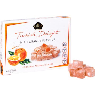 Cerez Pazari Turkish Delight Orange Flavor, Gourmet Small Size Snacks Gift Box, Sweet Traditional Confectionery, Vegan Soft Candy Dessert Loukoumi, Nut Glucose-Free Lokum, Approx. 40 Pcs, 8.1 oz.