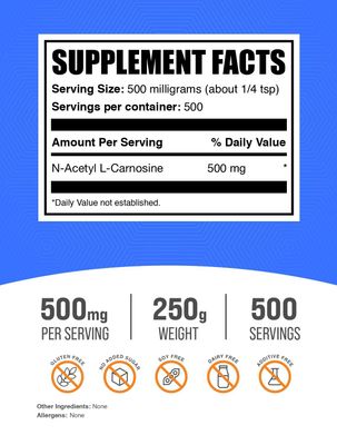BulkSupplements.com N-Acetyl L-Carnosine Powder - Carnosine Supplement, N-Acetyl Carnosine 500mg - Gluten Free, 500mg per Serving, 250g 8.8 oz Pack of 1