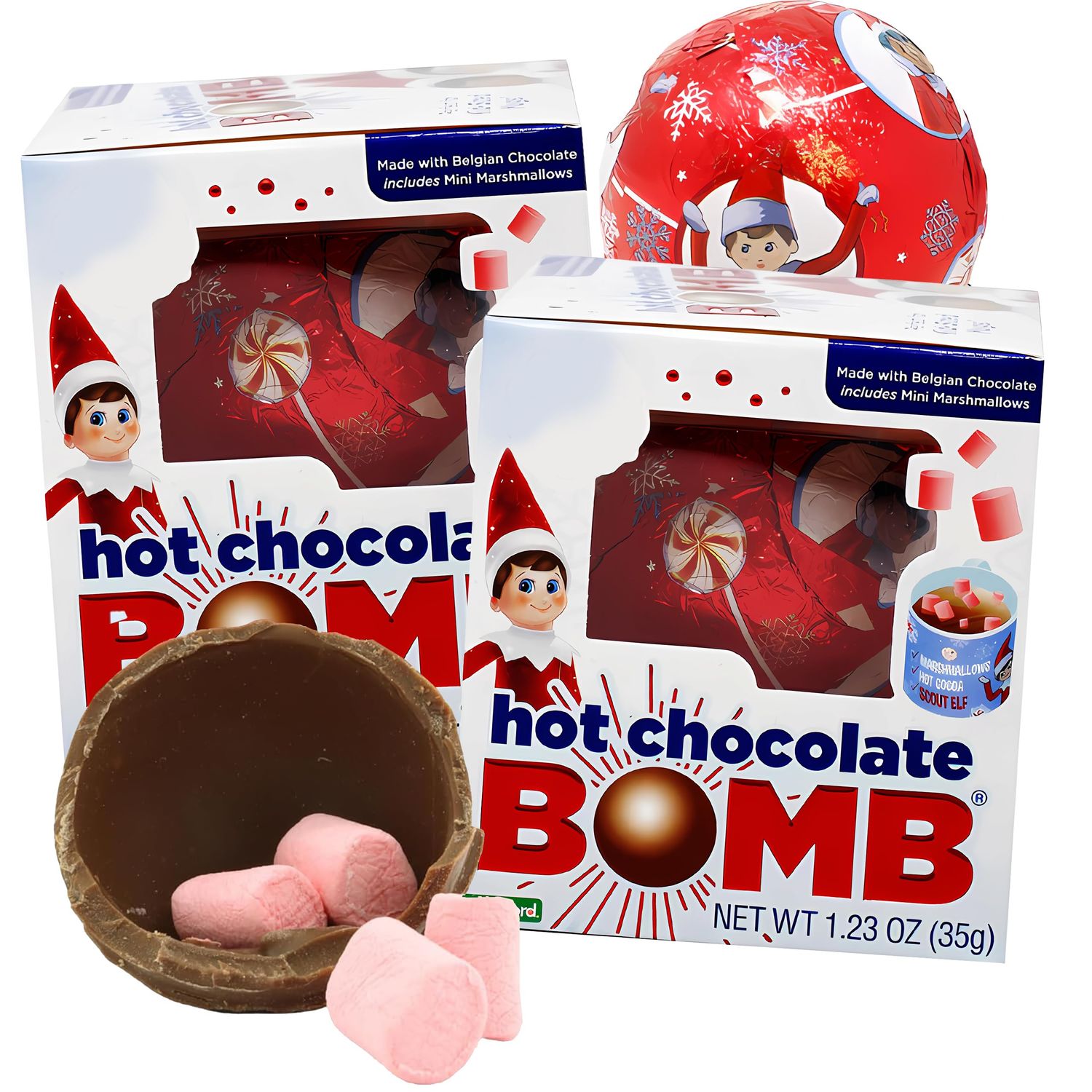 ElfOnShelf Hot Chocolate Bomb, 2 Pack, Christmas Hot Chocolate Bomb Gift Set for Kids, Stocking Stuffer Holiday Gift, Individually Boxed Belgian Milk Chocolate Ball with Mini Marshmallows