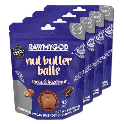 RAWMYGOD Cacao Hazelnut Nut Butter Balls, Gluten Free, Vegan, No Added Sugar, Pack of 4 pouches, 7 balls per resealable pouch