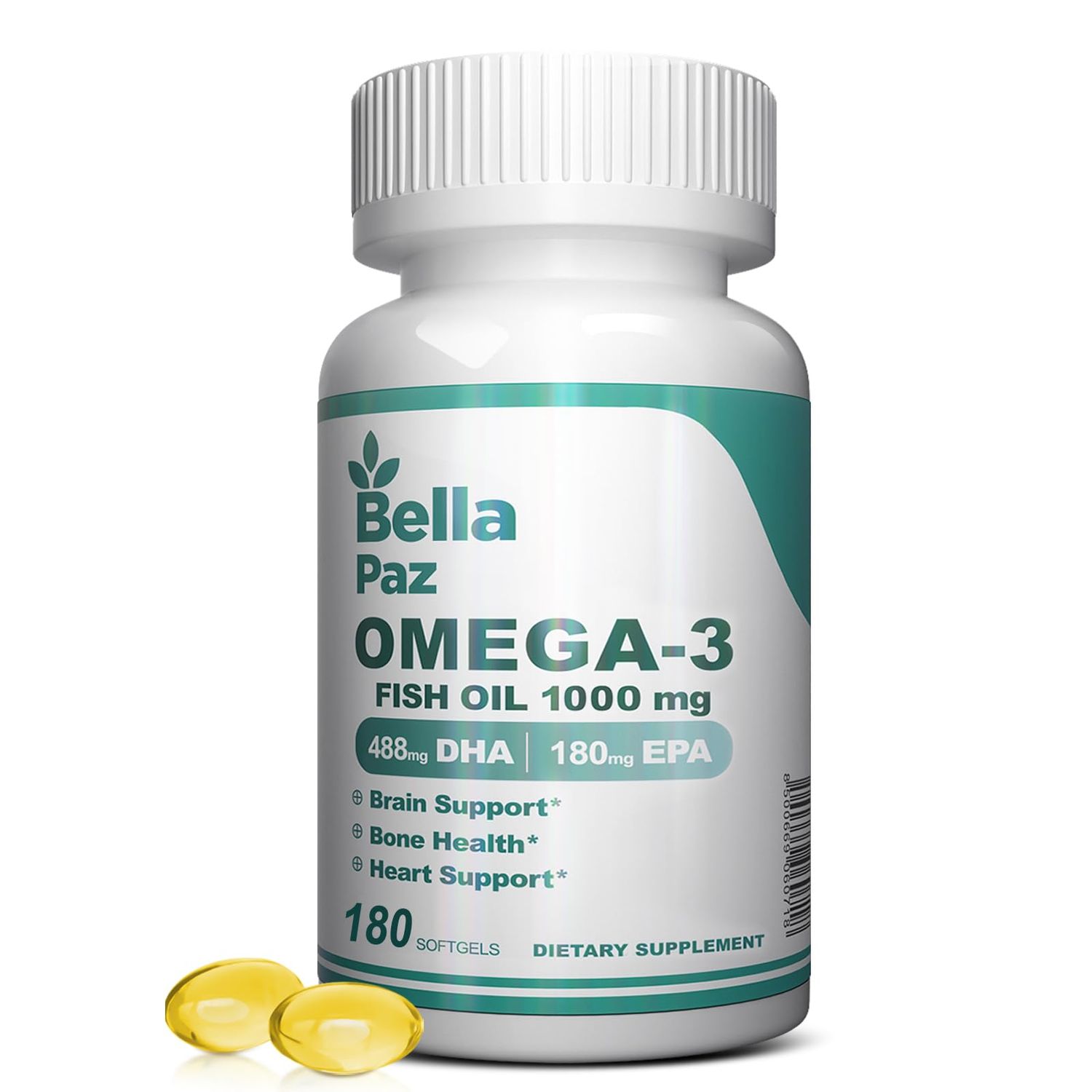 BELLAPAZ Omega 3 FishOil Supplements - 1000mg Fish Oil 788 mg Omega-3 Fatty Acid Burpless, 488 DHA 180 EPA for Muscle Bone Heart Brain Support and Health, Supplements for Men and Women, 180 Softgels