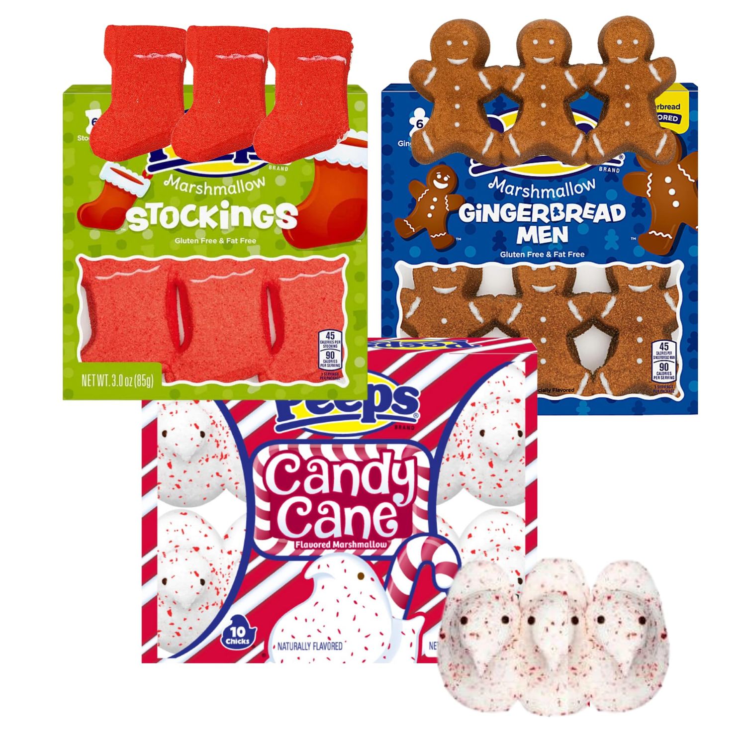 Needzo Christmas Variety Pack, Candy Cane, Stocking and Gingerbread Men Marshmallow Treats, Dessert Topper Candies, 3 Ounces Set of 3