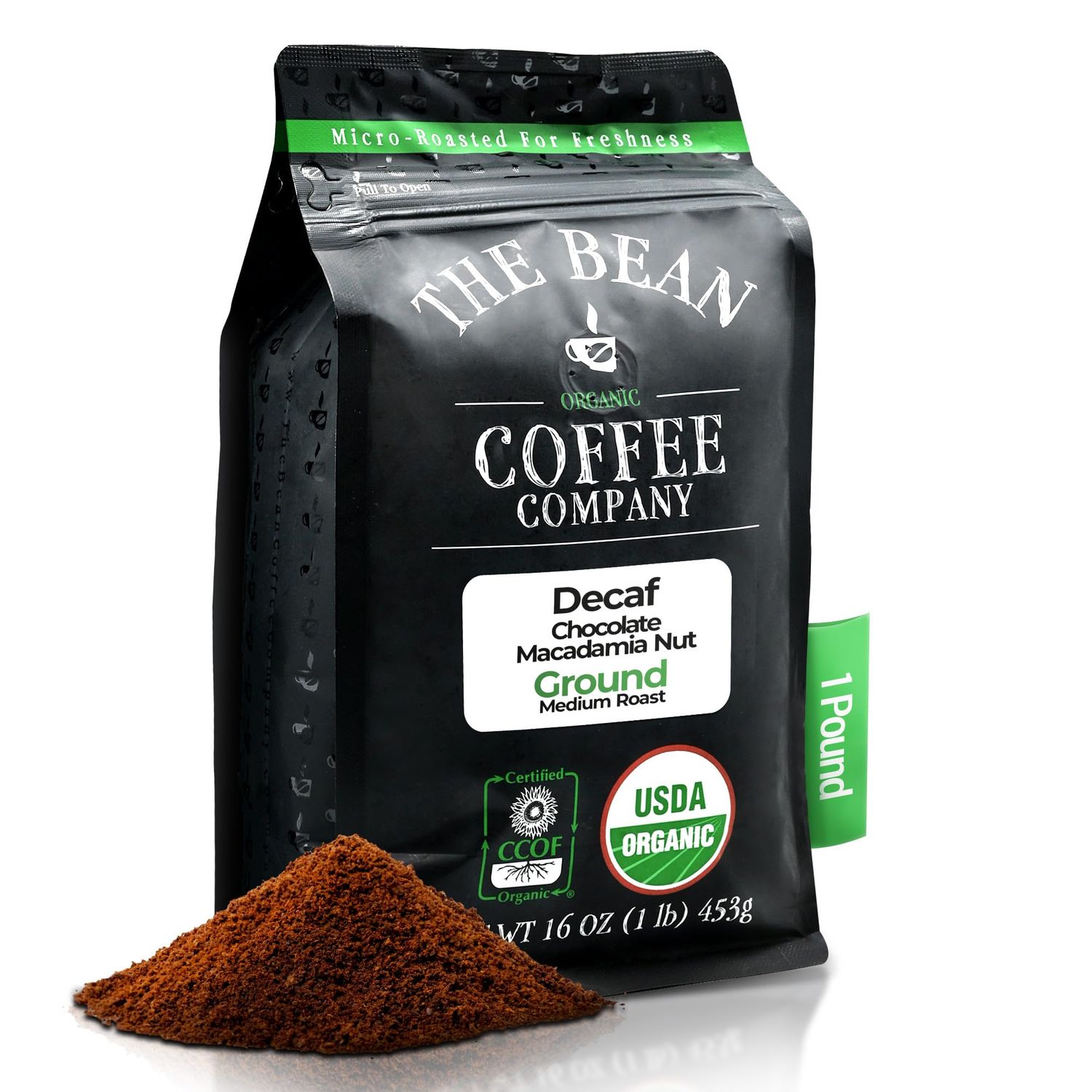 The Bean Organic Coffee Company Water Processed DECAF Chocolate Macadamia Nut, Medium Roast, Ground Coffee, 16-Ounce Bag, Caf Molido Tostado Org nico descafeinado