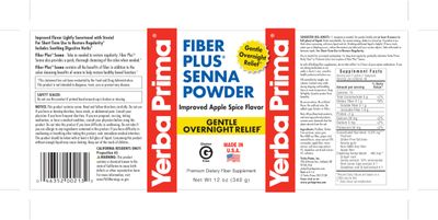 Yerba Prima Fiber Plus Senna Powder, 12 oz Pack of 1 - Apple Spice Flavor, Gentle Overnight Relief, USA Made, Non-GMO, Stevia Sweetened, Short-Term Use to Restore Regularity