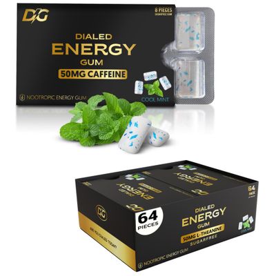 Dialed Energy Caffeine Gum 64pc 50mg Caffeine Sugar Free Gum with L-theanine Taurine Vitamins B6 B12 Aspartame Free, 0 Calories Nootropic Energy - Xylitol Gum Cool Mint