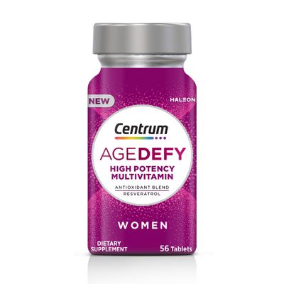 Centrum Age Defy for Women, 2-in-1 High Potency Multivitamin Healthy Aging Supplement, Multivitamin Blend with Resveratrol, and Niacin for NAD Level Support, Aluminium Bottle, 56 Tablets