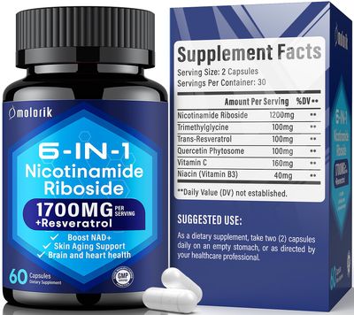molorik NAD Supplement, Nicotinamide Riboside 1700mg, with Trimethylglycine, Trans-Resveratrol, Vitamin C, NiacinmB3, Supports Anti-Aging, Cell Repair, Healthy Skin, Vitality - 60 Capsules