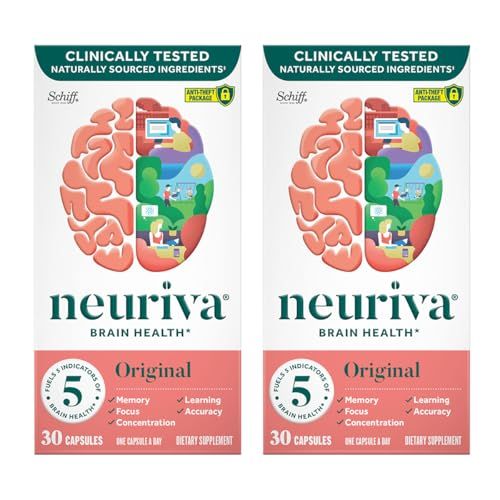 NEURIVA Original Brain Supplement for Memory, Focus Concentration Learning Accuracy with Clinically Tested Nootropics Phosphatidylserine and Neurofactor, Caffeine Free, 30 Capsules 2 Pack