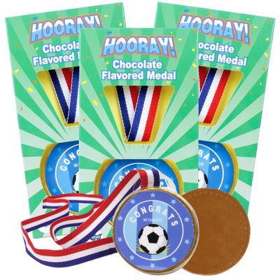 Candy Easter Basket Stuffers, Chocolate Flavored Award Medal, Congrats Winner Soccer Medallion with Ribbon, Gift Boxed, 21 Grams Pack of 3