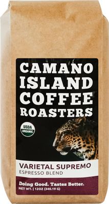 Camano Island Coffee Roasters Varietal Supremo Espresso Blend, Whole Bean 12oz, Fresh Dark Roast, USDA Organic, Fairly Traded, Shade Grown Arabica, Chocolate, Caramel, Hint of Spice Flavor Profile