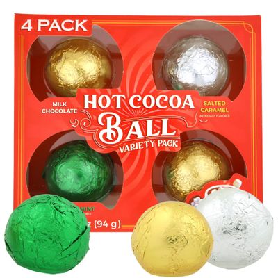 Christmas Hot Cocoa Ball Gift Box, Peppermint, Salted Caramel, and Milk Chocolate Flavored Melting Balls, Mini Marshmallows Included, Pack of 4