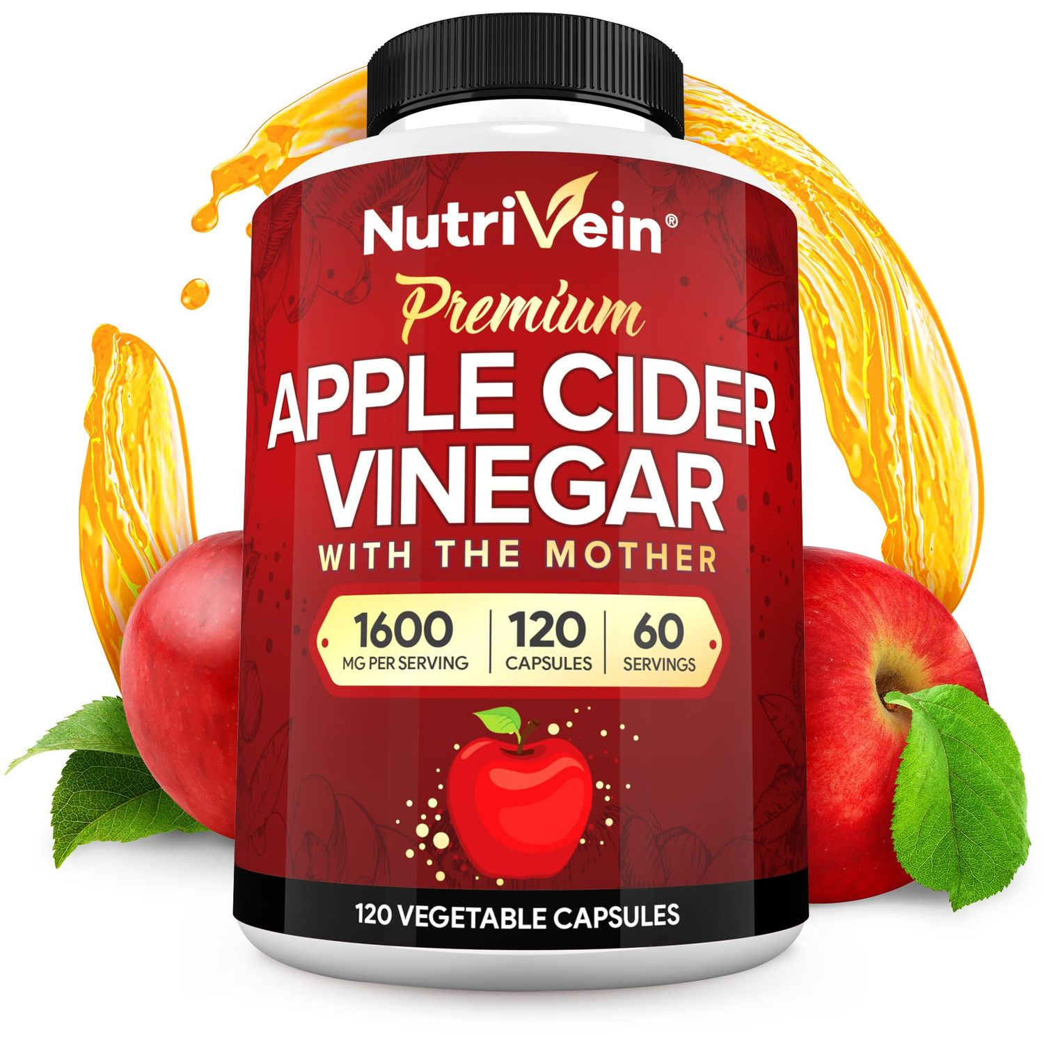 Nutrivein Premium Apple Cider Vinegar Supplements with Mother - 1600 mg - 120 Apple Cider Vinegar Capsules: ACV Pills for Digestion, Keto, Cleansing, and Balanced Nutrition