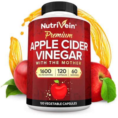 Nutrivein Premium Apple Cider Vinegar Supplements with Mother - 1600 mg - 120 Apple Cider Vinegar Capsules: ACV Pills for Digestion, Keto, Cleansing, and Balanced Nutrition