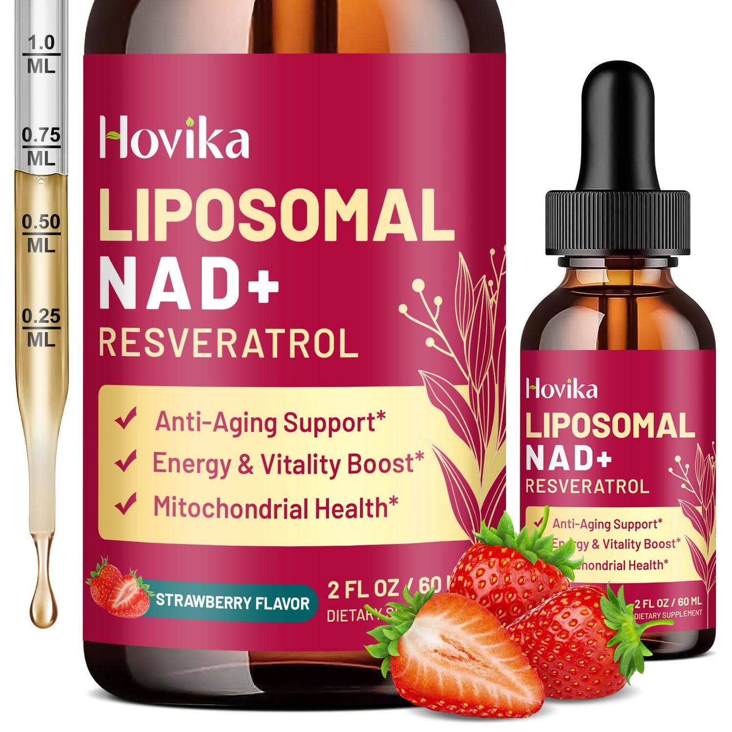 Liposomal NAD Supplement - 1200mg NAD Liquid Drops for Women Men with Resveratrol, Black Pepper Extract - Support Anti-Aging, Brain Cellular Mitochondrial Health - 2 Fl Oz, Strawberry Flavor