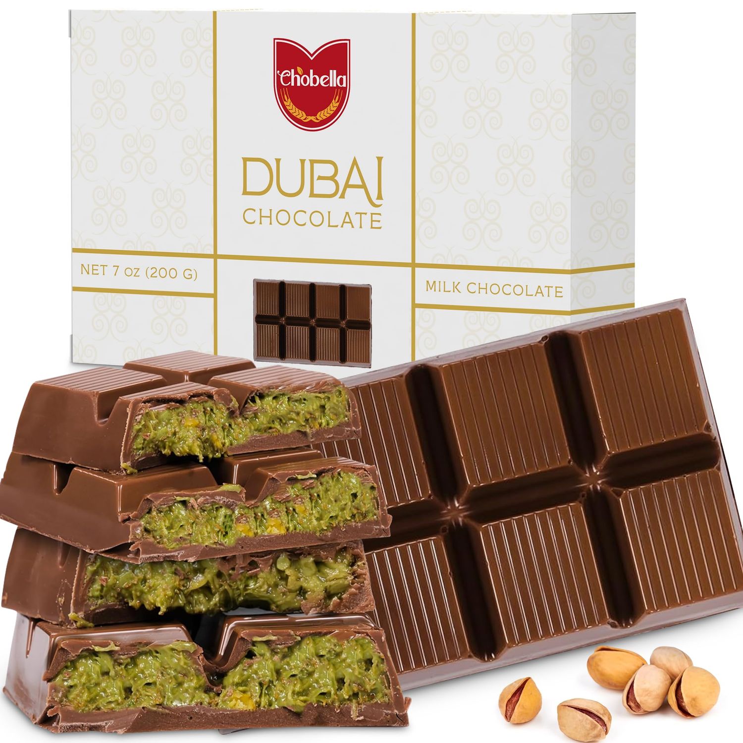 Chobella Dubai Chocolate Bar Pistachio 7oz, Premium Pistachio Dubai Chocolate Bar with Shredded Phyllo Dough, Viral Knafeh Chocolate Candy with Kataifi, Gift Box