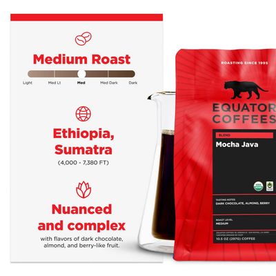 Equator Coffees, Mocha Java Blend, Organic Ground Coffee, Medium Dark Roast, Fresh Roasted, Dark Chocolate Berry Flavor Notes, Sustainable and Fair Trade Certified, 10.5 oz Bag