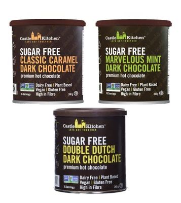 Castle Kitchen Sugar Free Hot Chocolate Mix Variety Pack 8 oz ea - Vegan, Dairy Free, Plant Based - Keto Diabetic - Pack of 3 Classic Caramel, Double Dutch, Marvelous Mint Dark Chocolate