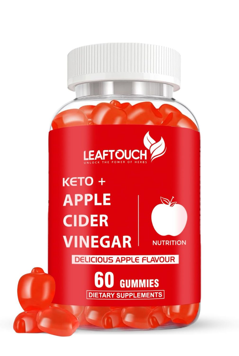 LEAFTOUCH-UNLOCK THE POWER OF HERBS Apple Cider Vinegar Gummies 60 Count ACV Supplement Apple Flavor Non-GMO, Gluten Free Gummies Individually Wrapped 60 Gummies