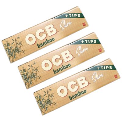 OCB Bamboo Rolling Papers King Slim wTips 110mm Ultra Thin 3 Pack