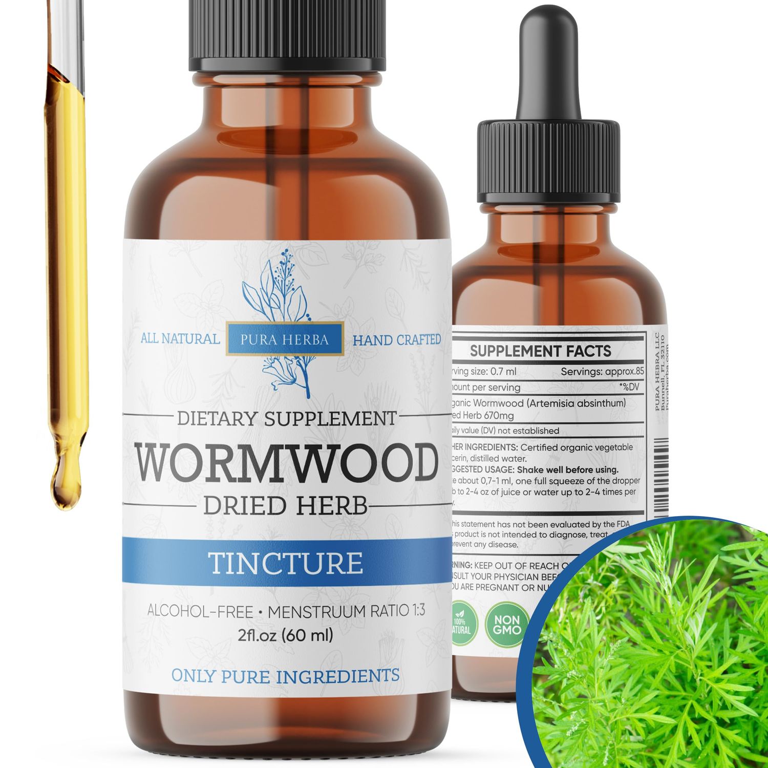 Pura Herba Wormwood Organic Tincture - Herbal Supplement for Digestive Health and Gut Support - Natural Cleanse - Alcohol-Free, Made in USA, 2 Fl Oz