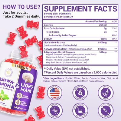 Ashwagandha Gummies - Organic Ashwagandha Lions Mane Gummies for Adults with 4 Adaptogenic Herb for Stress, Cognitive Immune Support Cortisol Supplements for Women Men, Berry Flavor - 60 Counts