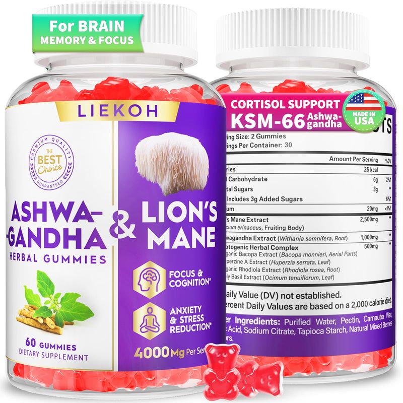 Ashwagandha Gummies - Organic Ashwagandha Lions Mane Gummies for Adults with 4 Adaptogenic Herb for Stress, Cognitive Immune Support Cortisol Supplements for Women Men, Berry Flavor - 60 Counts