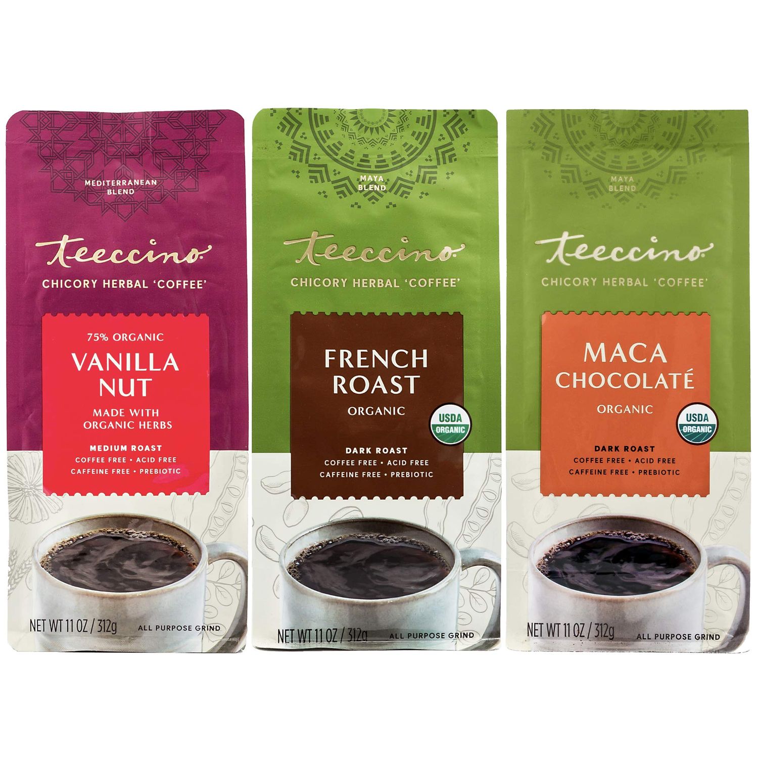 Teeccino Herbal Coffee Variety Pack - Vanilla Nut, French Roast, Maca Chocolat - Ground Herbal Coffee That s Prebiotic, Caffeine-Free Acid Free, Dark Roast, 11 Ounce Pack of 3