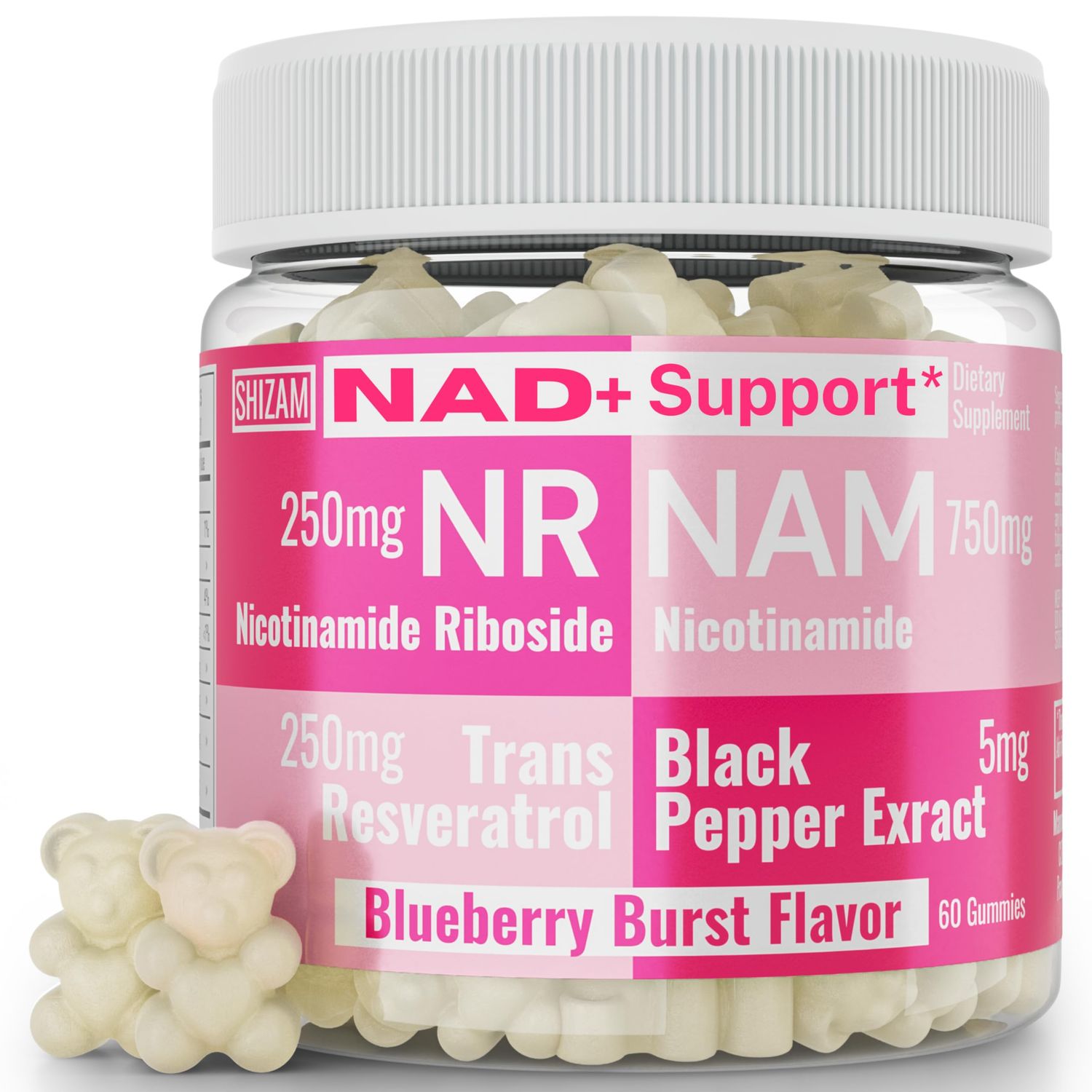 SHIZAM Nicotinamide Riboside NR NAM Resveratrol Gummies, 1000mg NAD NAD Plus Nrf2 Activator Booster w Pure Niacinamide Vitamins B3 Capsules Pills Powder Supplements Alt NDA Regenerator 500mg