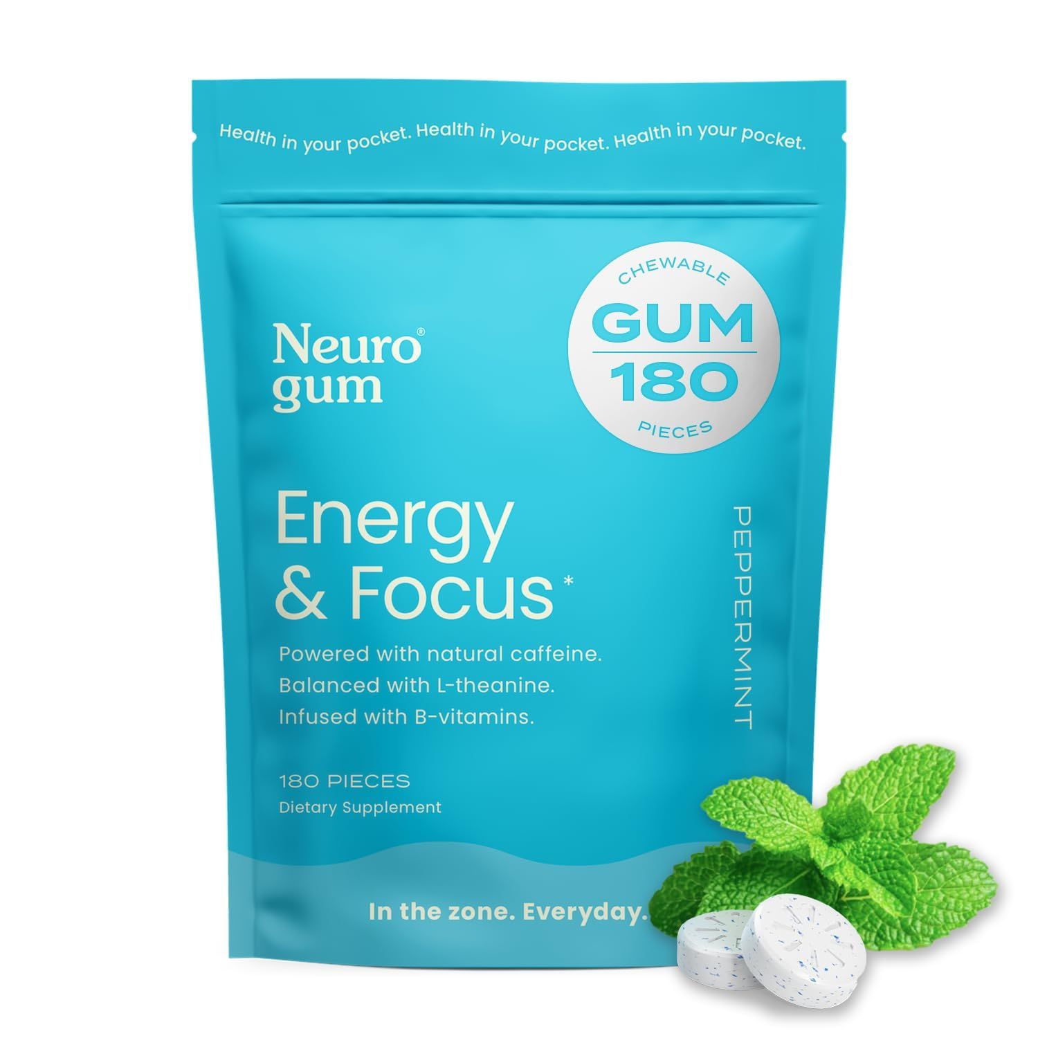 NeuroGum Energy Caffeine Gum 180 Pieces - Sugar Free with L-theanine Natural Caffeine Vitamin B12 B6 - Nootropic Energy Focus Supplement for Women Men - Keto Vegan, Peppermint Flavor