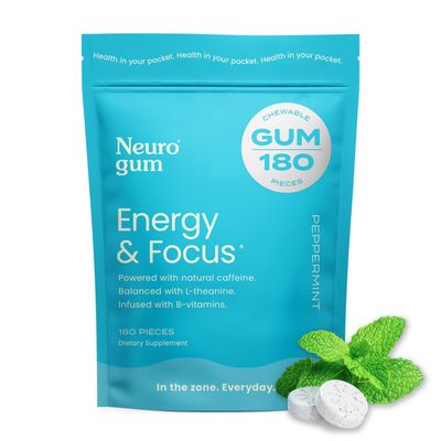 NeuroGum Energy Caffeine Gum 180 Pieces - Sugar Free with L-theanine Natural Caffeine Vitamin B12 B6 - Nootropic Energy Focus Supplement for Women Men - Keto Vegan, Peppermint Flavor