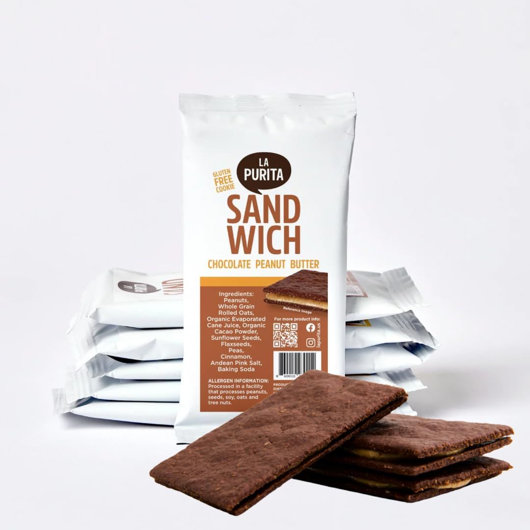 La Purita Nut Butter Filled Crunchy Biscuit Sandwich Cookies - Gluten Dairy Free, Vegan Protein with Chocolate Peanut Butter - Whole Food Plant-Based, No Oil Added, Healthy Snacks for Adults, 6 CT