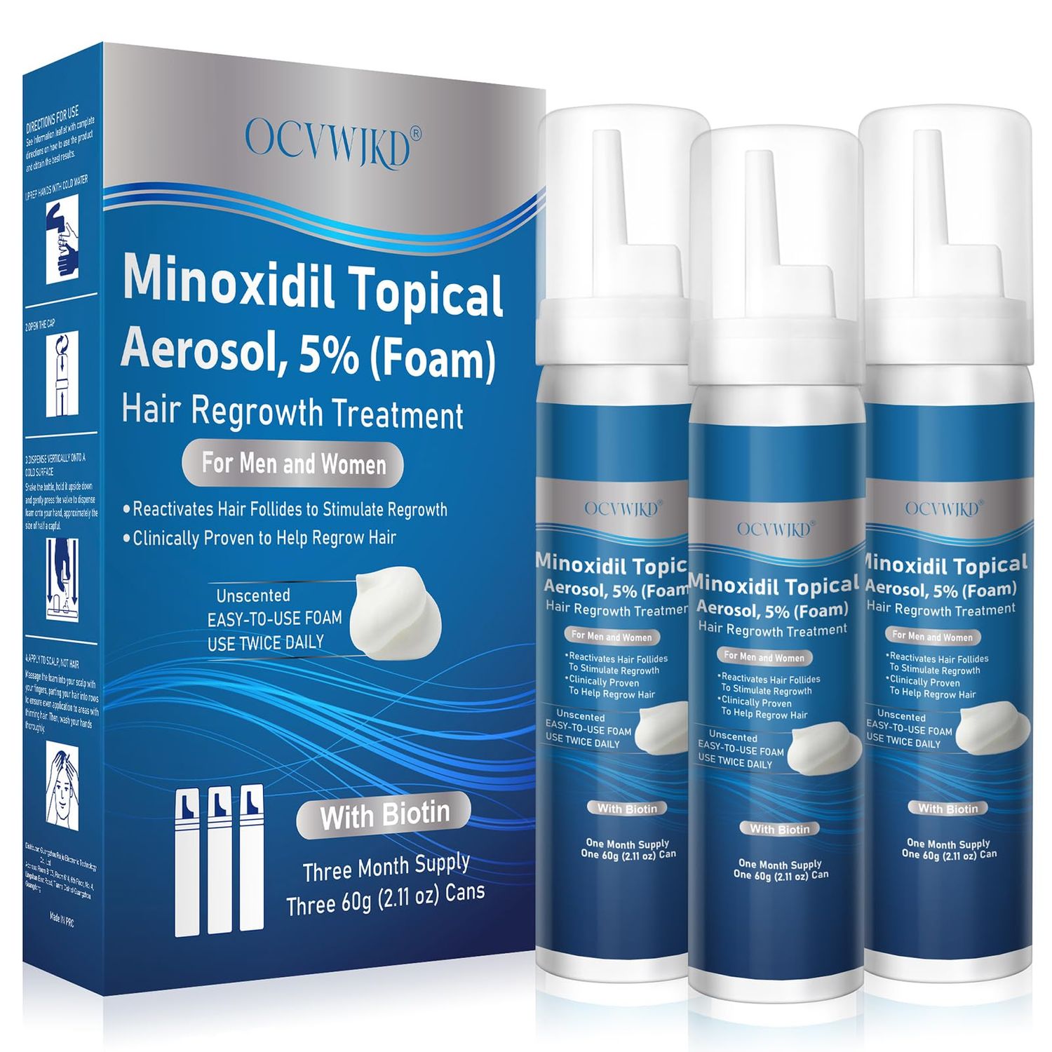 5 Minoxidil Foam, Biotin-Infused, Minoxidil for Men and Wome, Hair Growth Treatment, Unscented, Foam, 6.33 Ounce, 3-4 Month Supply, Supports Thicker and Fuller Hair Beard