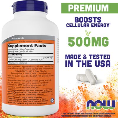 NOW Foods Now Acetyl L Carnitine 500mg, 360 Veg Caps Pack of 2 - Non-GMO ACL 500 mg Capsules Supplement for Men and Women