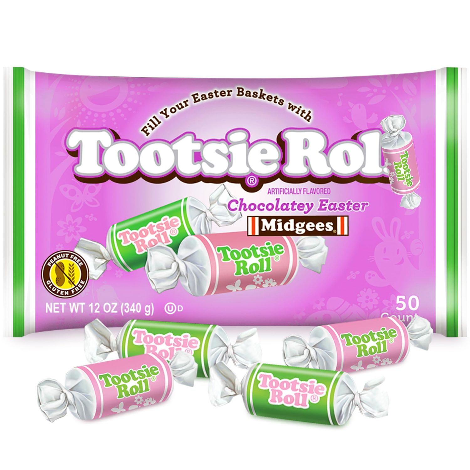 Tootsie Rolls Easter Midgees Chocolatey Chewy Candy 50 Pcs - Individually Wrapped Bulk Treats For Egg Fillers, Basket Stuffers, Parties Snacks - Easter Themed Candy