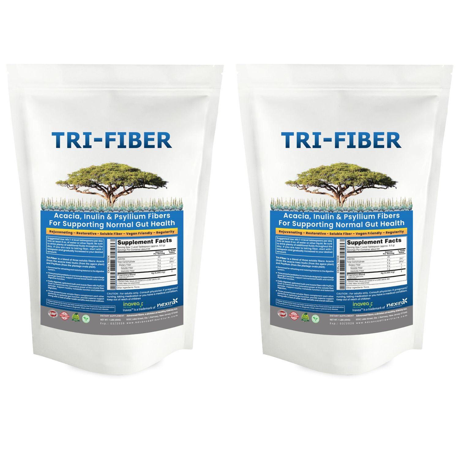 Tri-Fiber Soluble Fiber Powder, Unflavored High Fiber 3-in-1 Soluble Fiber Supplement for Digestive Support. Dietary Fiber 2x1lbs 2x16oz