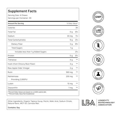 NOVOS Vital Nutritional Supplement Chews for Organ Liver, Brain, Eyes, Heart, Gut Support - Nattokinase, Lutein, Inulin, Rutin, Tropical Flavor 120 Count
