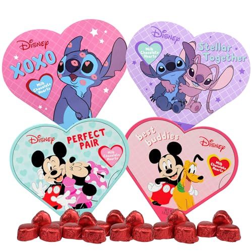 Disney Mickey, Minnie and Stitch Mini Heart Boxes with Milk Chocolate Candies, Valentines Candy Gift Set, 1.6 Ounces Each, Pack of 4