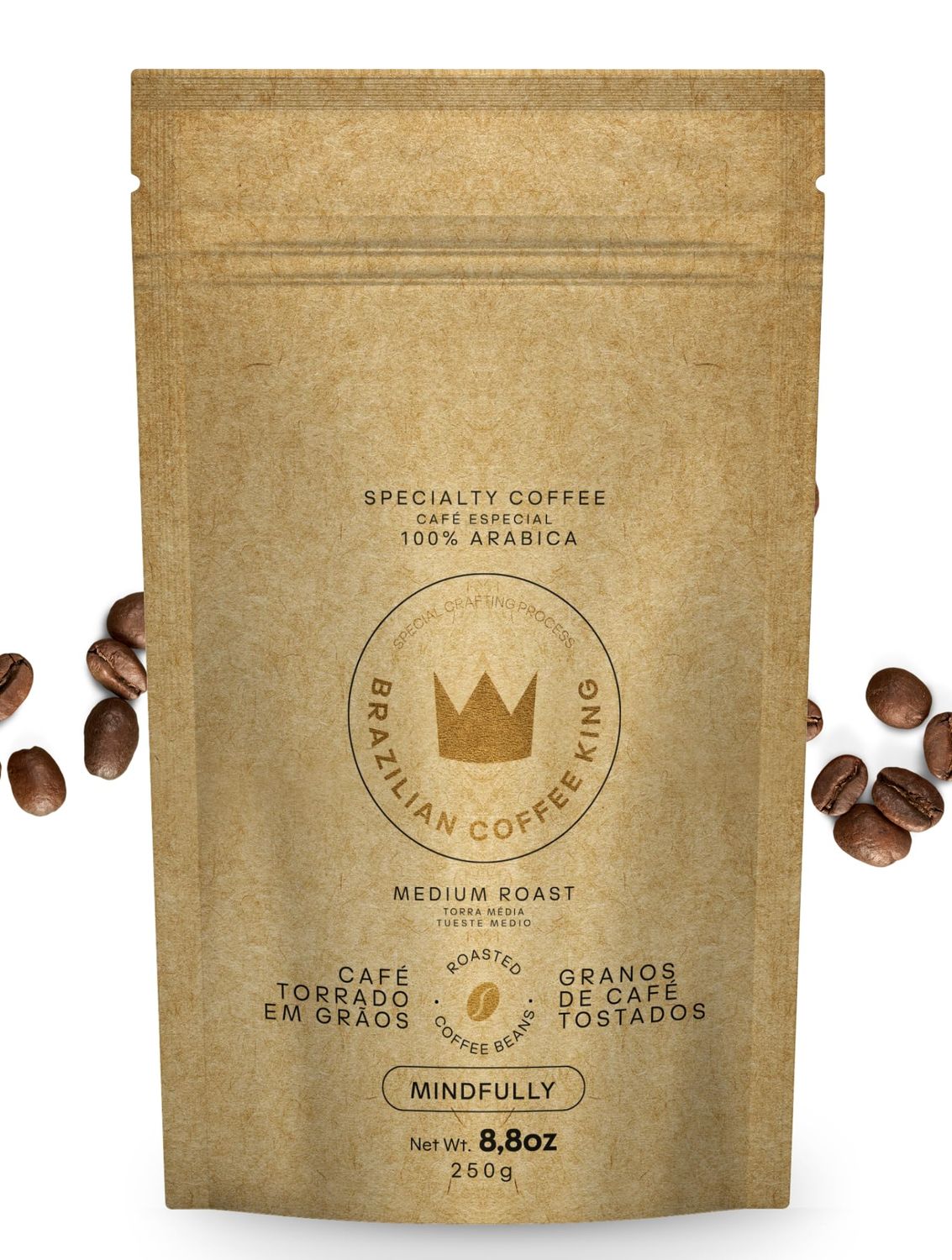 Mindfully - Especial Coffee Beans by Brazilian Coffee King - 100 Arabica, Medium Roast, Rich Chocolate, Nut Caramel Notes, Premium Quality, Specially Roasted Made in Brazil - 8.8oz