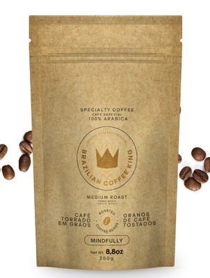 Mindfully - Especial Coffee Beans by Brazilian Coffee King - 100 Arabica, Medium Roast, Rich Chocolate, Nut Caramel Notes, Premium Quality, Specially Roasted Made in Brazil - 8.8oz