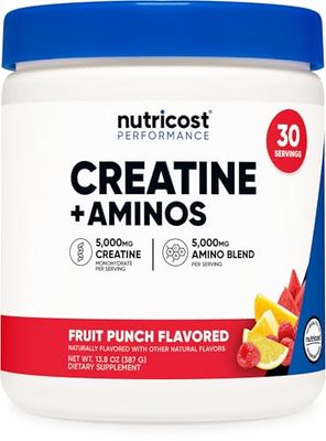 Nutricost Creatine Aminos 30 Servings Fruit Punch Flavored - 5,000mg Creatine Monohydrate 5000mg Amino BCAA Blend Per Serving