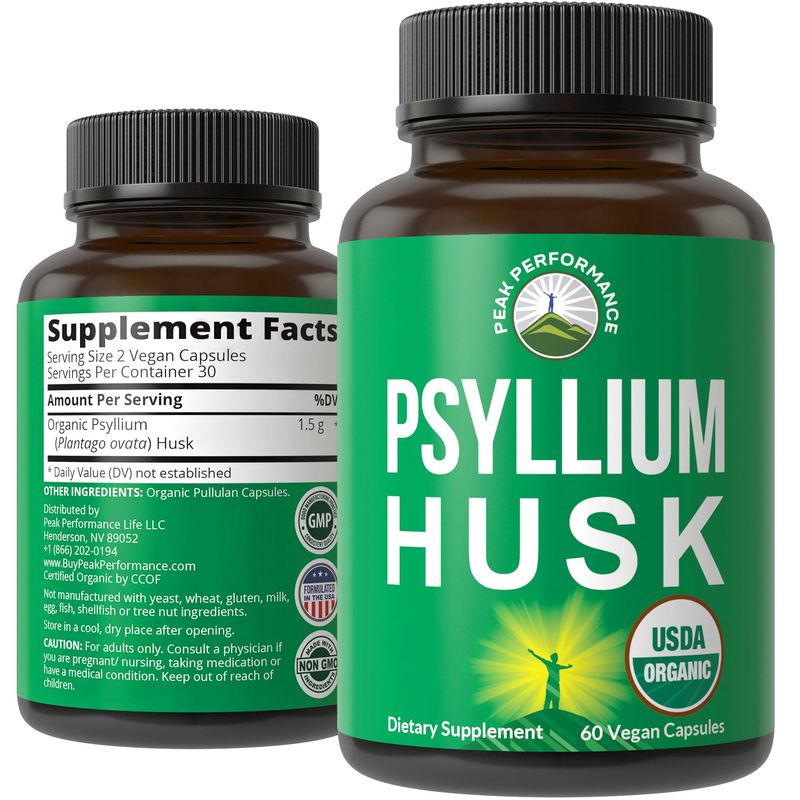 USDA Organic Psyllium Husk Vegan Capsules Made with Organic Psyllium Husk Seed. Fiber Supplement for Gut. Digestive Prebiotics. Pills for Digestion, Roughage Without Bloating. Tablets