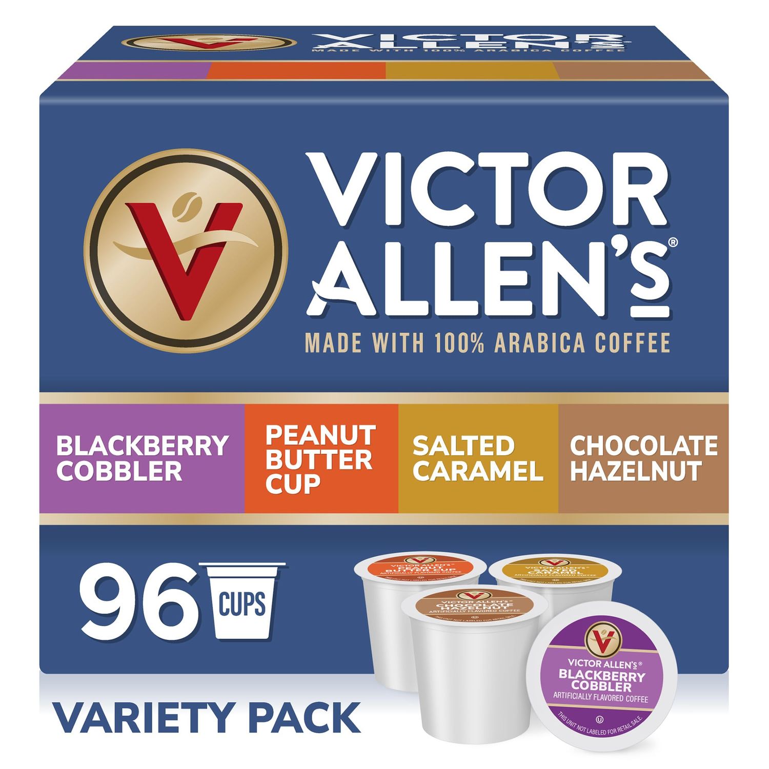 Victor Allens Coffee Sweet and Salty Flavored Coffee Variety Pack Blackberry Cobbler, Peanut Butter Cup, Salted Caramel, Chocolate Hazelnut, 96 Count, Single Serve Coffee Pods for Keurig K-Cup Brewers