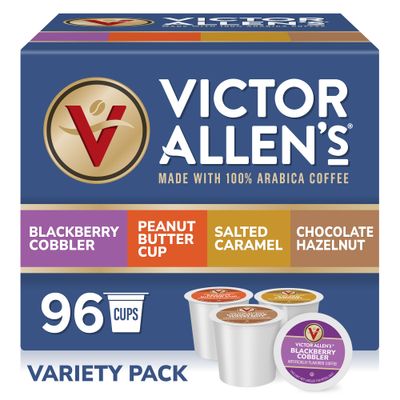 Victor Allens Coffee Sweet and Salty Flavored Coffee Variety Pack Blackberry Cobbler, Peanut Butter Cup, Salted Caramel, Chocolate Hazelnut, 96 Count, Single Serve Coffee Pods for Keurig K-Cup Brewers
