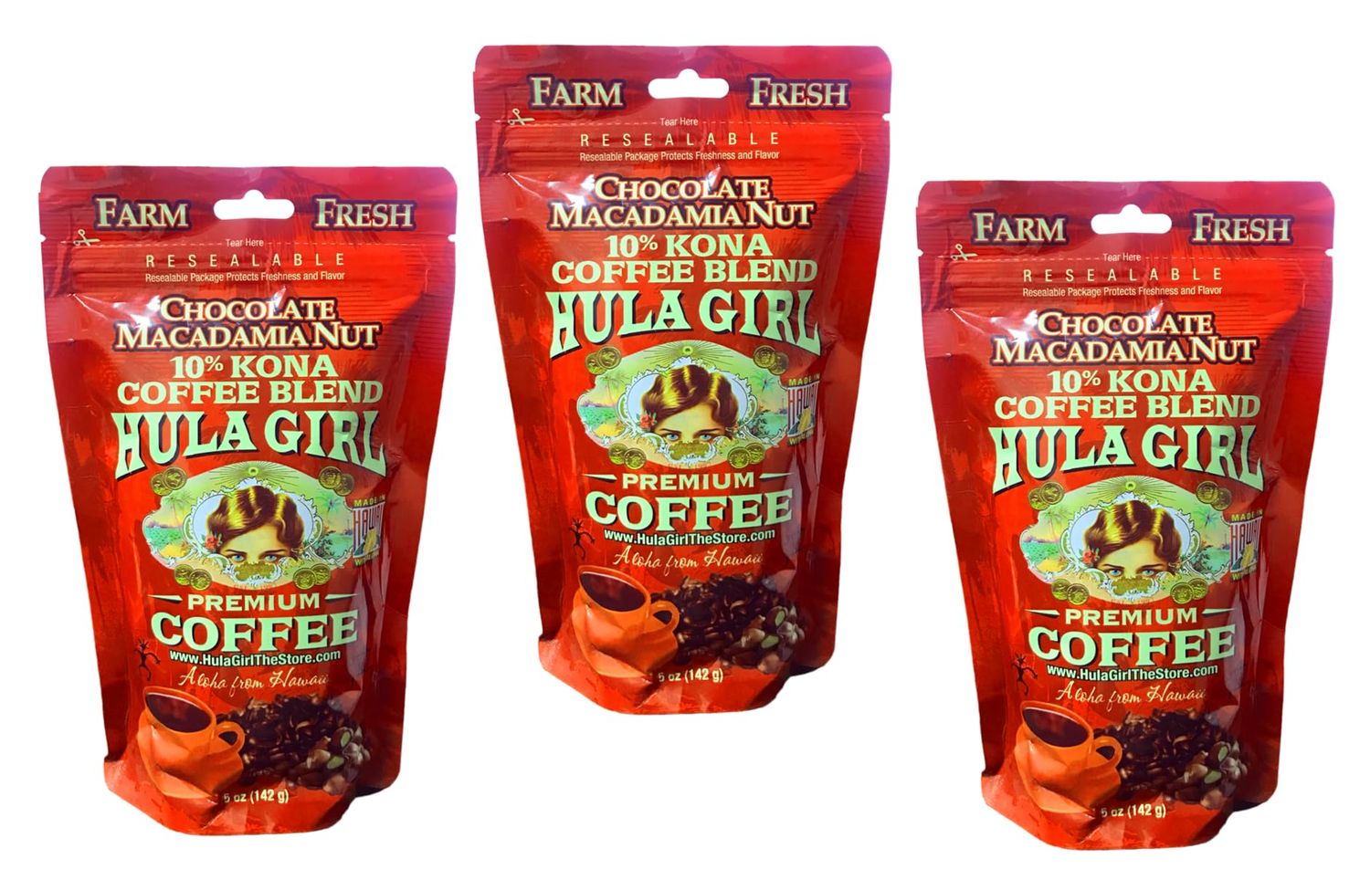 Hula Girl Kona Ground Coffee, Grown, Roasted and Packed in Hawaii for 30 years Chocolate Macadamia Nut, 3 Bag 5oz
