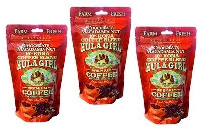 Hula Girl Kona Ground Coffee, Grown, Roasted and Packed in Hawaii for 30 years Chocolate Macadamia Nut, 3 Bag 5oz
