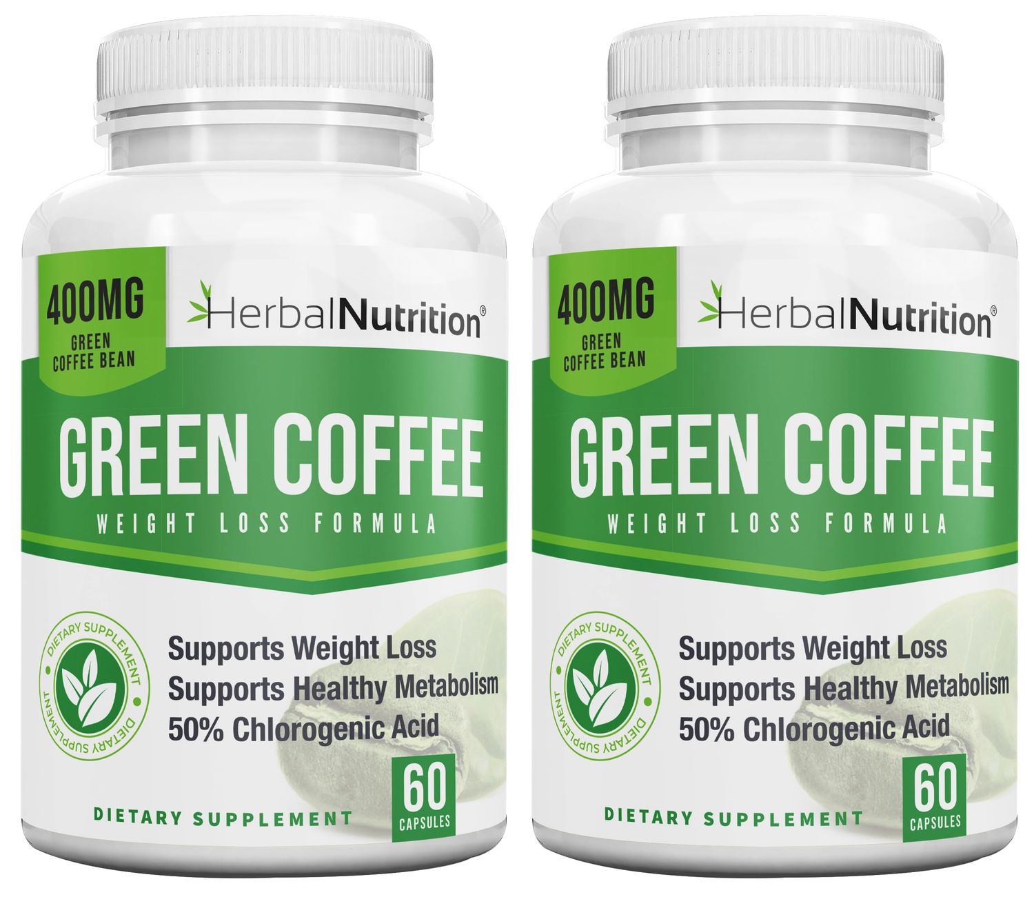 Herbal Nutrition BOGO Pure Green Coffee Bean Extract, Two Bottle Pack, 120 Capsules, Multi-Level Dosing 400mg - 1200mg Per Serving, 50 Chlorogenic Acid. Weight Loss Cleanse Supplement