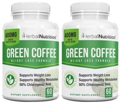 Herbal Nutrition BOGO Pure Green Coffee Bean Extract, Two Bottle Pack, 120 Capsules, Multi-Level Dosing 400mg - 1200mg Per Serving, 50 Chlorogenic Acid. Weight Loss Cleanse Supplement